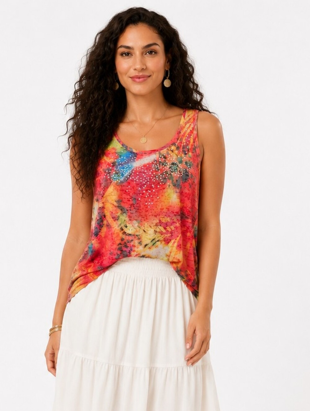 Onque Casuals Watercolor Floral Rhinestone Tank Top Boho Artsy Large